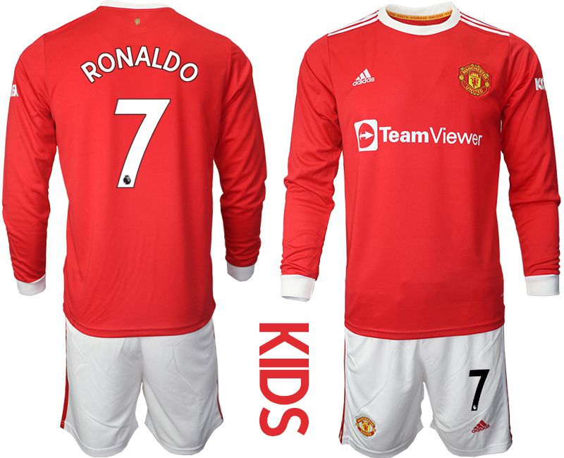Youth 2021-2022 Club Manchester united home red Long Sleeve #7 Soccer Jersey